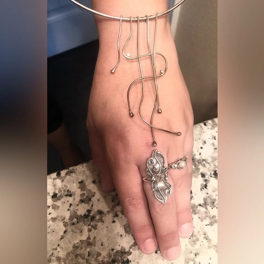 Antique Art Deco Sterling Silver Artisan Signed Collar Cuff Choker Drop Necklace - Picture 6 of 15